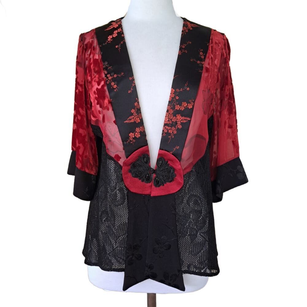 Spencer Alexis Vintage Black & Red Kimono Jacket Medium Velvet Lace Whimsigoth